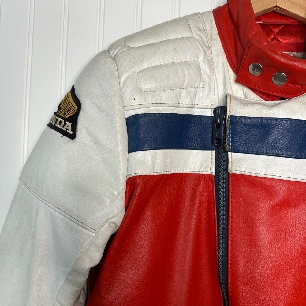 Vintage Honda Leather Motorcycle Racing Jacket Red White Blue Mens Size 42 - Picture 4 of 16